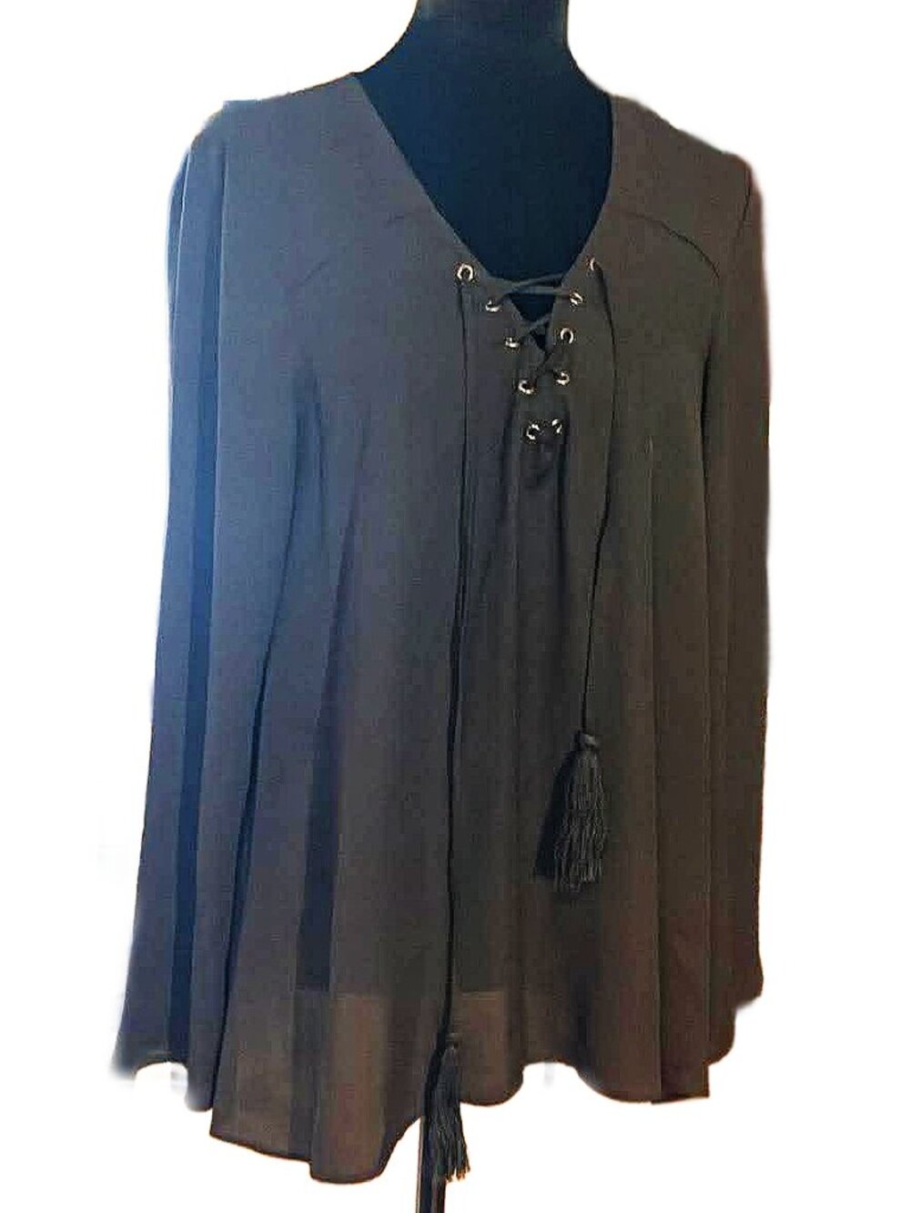 Neiman Marcus Black Laced V-Neck Georgette Blouse